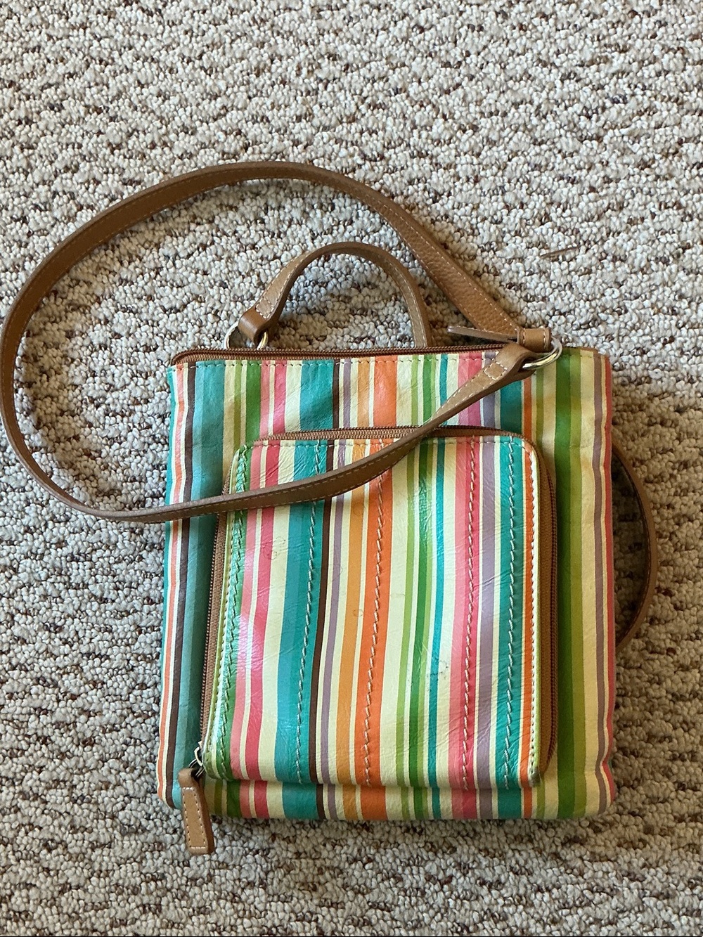 Vintage Fossil Striped Multicolor Crossbody - Brown Trim